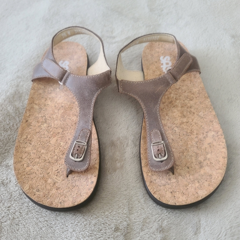 NWO SAS Marina Leather T-Strap Wedge Brown Sandals.